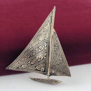 Vintage Spain Sailboat Brooch Silver Tone Damascene Style Nautical Yacht Pin